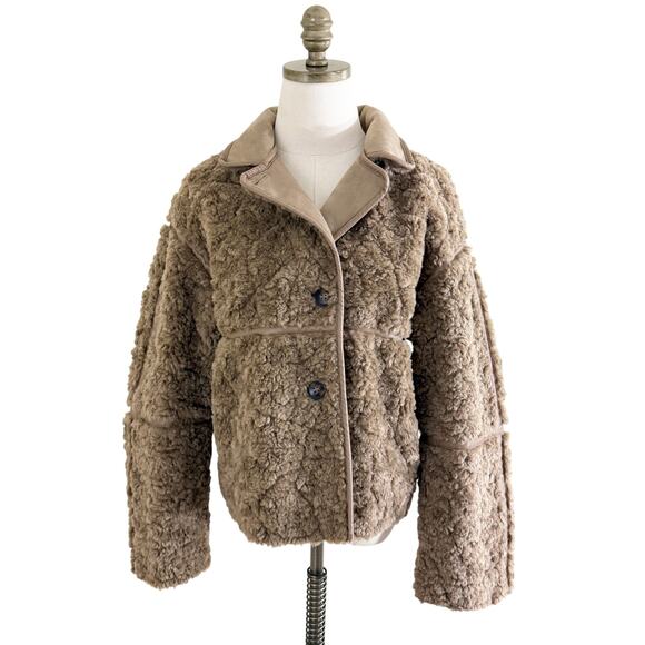 H&M Tan Faux Shearling Coat Women's Sz XS Button Up Teddy Sherpa Boxy Fit EUC - Picture 10 of 11